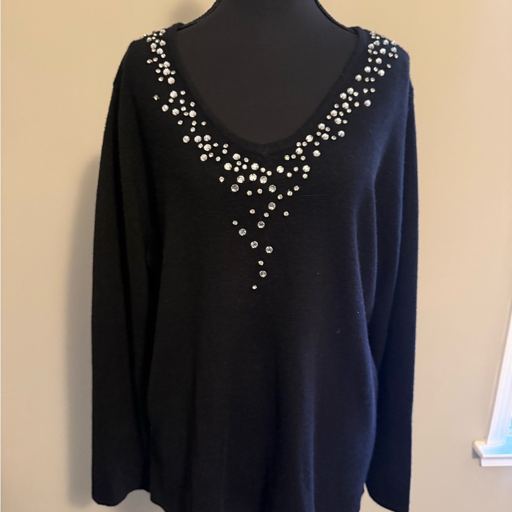 Lane Bryant Women's Black V-Neck Sweater with Rhinestones
